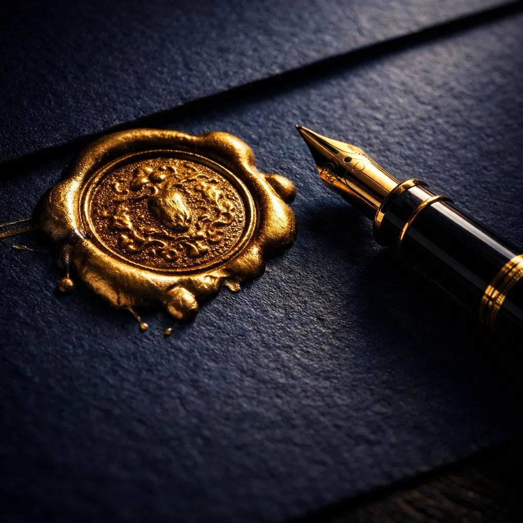 Documento jurídico com selo dourado